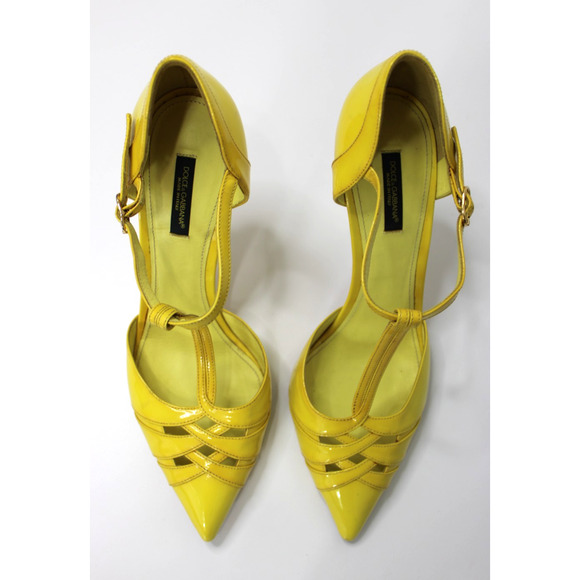 Dolce & Gabbana Heels Pumps Women's Size 40 Yellow T-Strap Patent Leather - Picture 3 of 15